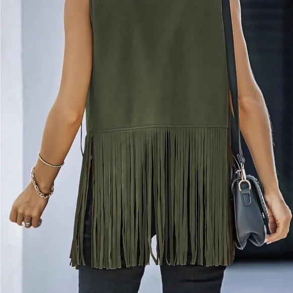 Olive Green Fringe Vest cardigan boho tassel - Picture 5 of 5